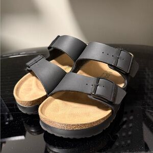 Papillio by Birkenstock Vegan Black Sandals with Tan Footbed